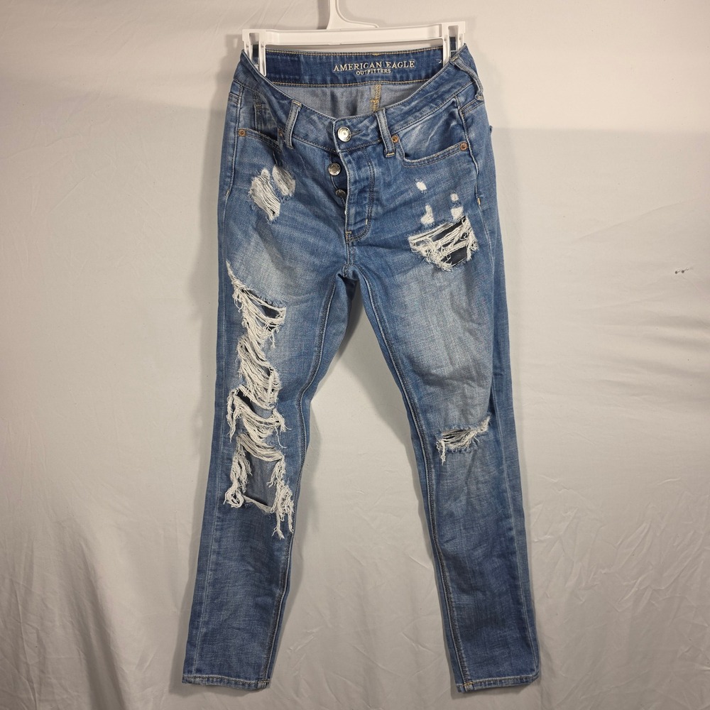 American Eagle Distressed‎ Skinny Jeans Medium Wash Button Fly Size 0 Regular